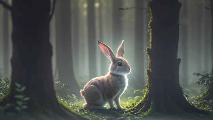 close up photo of a rabbit in enchanted forest, late night, in the forest, backlight, fireflies, volumetric fog, halo, bloom, dr...