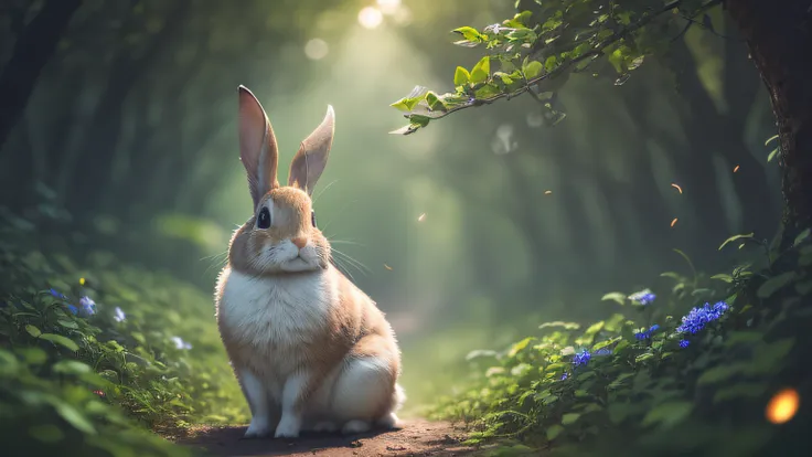 close up photo of a rabbit in enchanted forest, late night, in the forest, backlight, fireflies, volumetric fog, halo, bloom, dr...