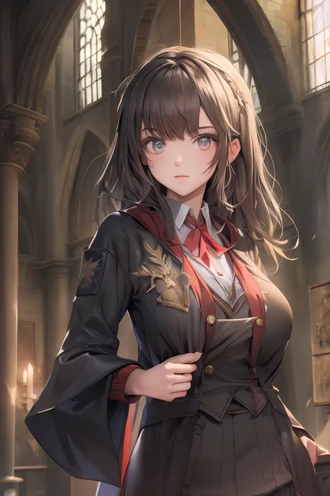 (masterpiece), (best quality), 1girl, beautiful girl, hogwarts uniform, hogsks, big breast, sexy, hogwarts background, cinematic...