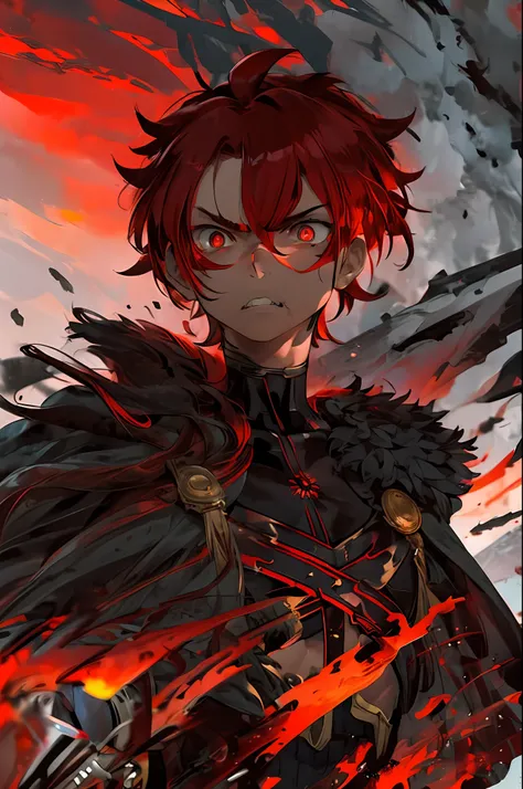 alexanderfgo, 1boy, fur-trimmed cape, crop top, face, mad, angry, looking away, squinting, battlefield, red sky, fire, black smo...