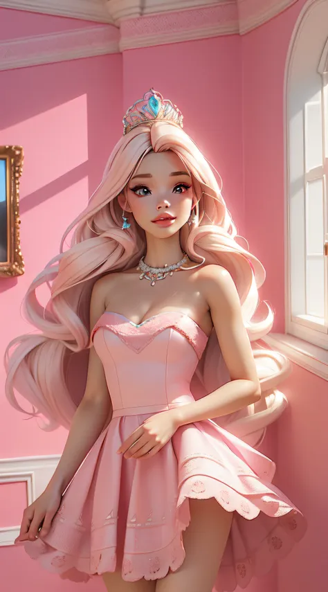 dynamic lighting, 3d model art, a barbie princess wearing a lovely pink dress, bright,natural lighting,morning light，((barbie in...