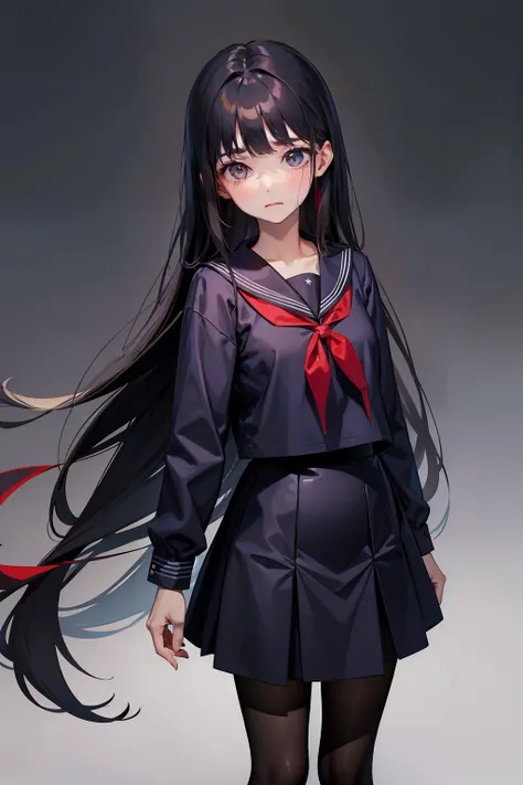 a dark-haired、long hair、navy blue sailor suit、black tights、red ribbon、sharp eye、deadpan、standing pose