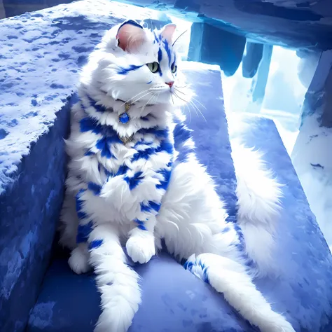 A majestic Scottish folding cat sits on a throne,proud looking away,The coat color is white,A deep blue gemstone is worn around his neck
