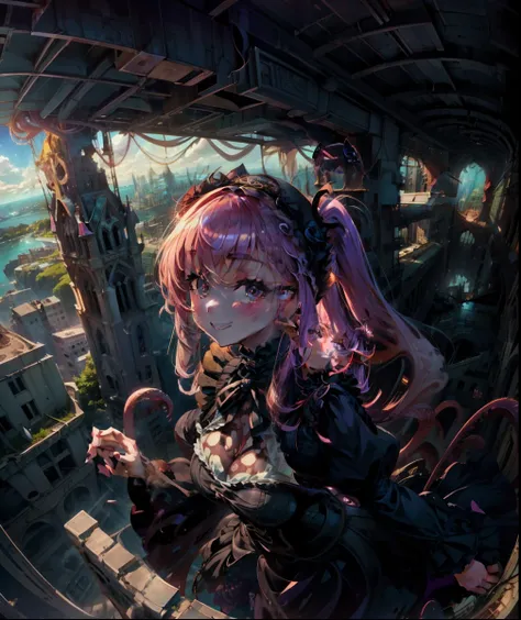 A huge beautiful girl is looking down on us from the top of a building. Girl leaning from the roof of a building. Girl wears a purple Gothic Lolita style dress. The girl has a young vibe. Her eyes are huge. she is smiling. Wriggling tentacles. The building...