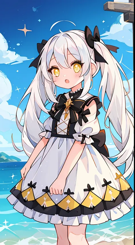 one girl、white  hair、twin-tailed、black ribbon on the head、yellow  eyes、white sundress、sea side、glitter、kirakira、beautidful eyes、...