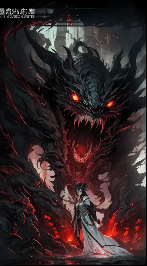 The gates of hell are open, 火焰, Huge black-scaled youkai, Grasp the gates of hell with both hands, He opened the basin of blood,Roared angrily。, Red glowing eyes, Devils Horn, Rotten white ossified body, Gothic art, Ray tracing, reflective light, back lit ...