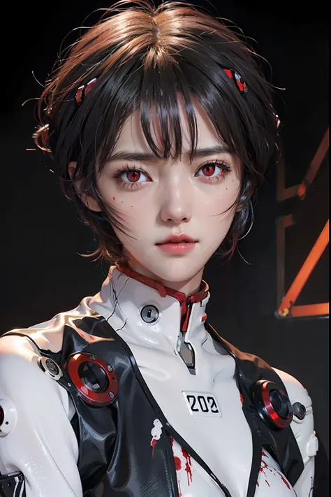 extremely beautiful eyes,  extremely beautiful face, (red eyes:1.5), rei, evangelion neon, robot, bloody