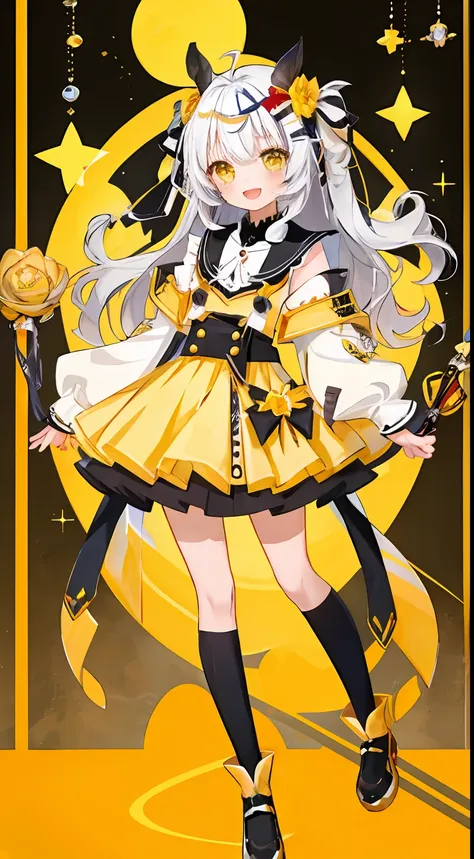 skirt by the、one girl、校服、laugh、a smile、white  hair、twin-tailed、black ribbon on the head、yellow  eyes、glitter、kirakira、beautidful...