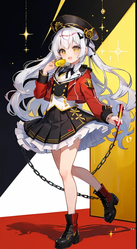 skirt by the、one girl、military outfits、skirt by the、wear it on top、white  hair、twin-tailed、black ribbon on the head、yellow  eyes...