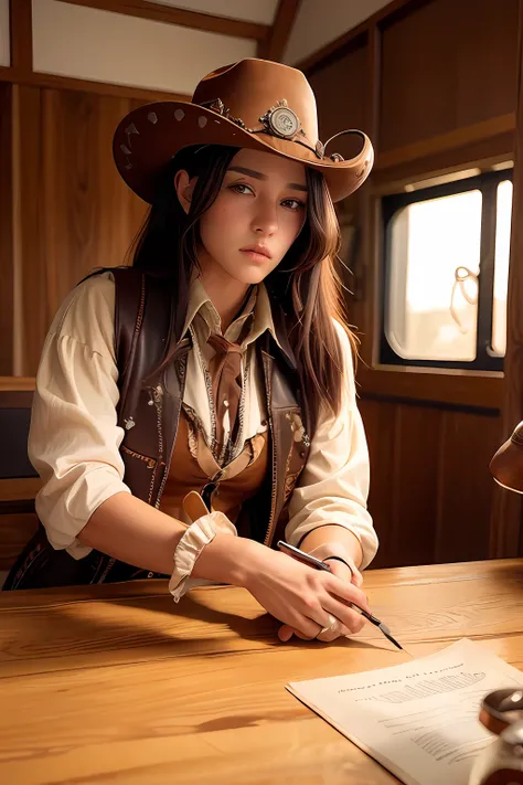 western cowboy style,photography,steampunk,best quality, realistic, photorealistic, intricate details, (delicate detailed), (intricate details), cinematic light, best quality Backlights, clear line, 8k,ultra high res,