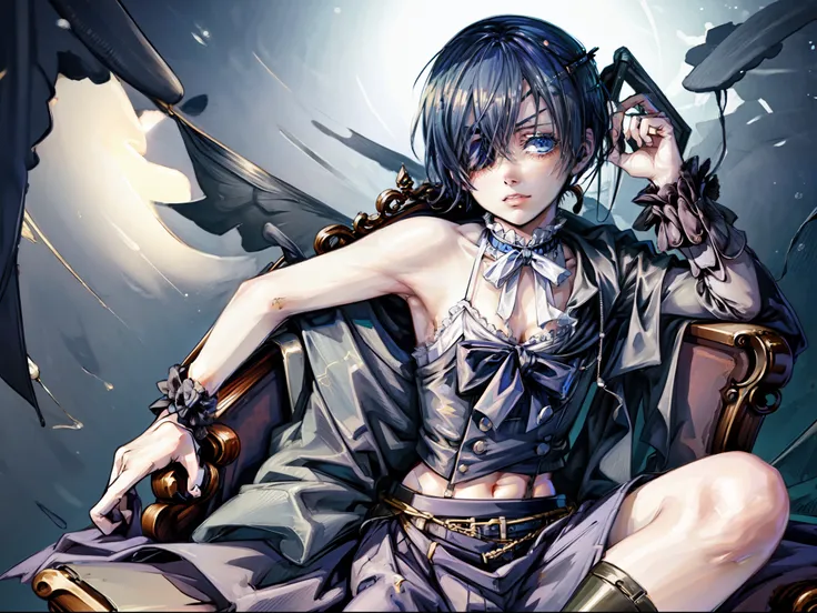 ciel phantomhive, armpit, croptop, no pants, sit on the chair