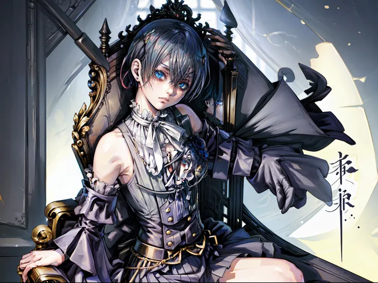 ciel phantomhive, armpit, croptop, no pants, sit on the chair