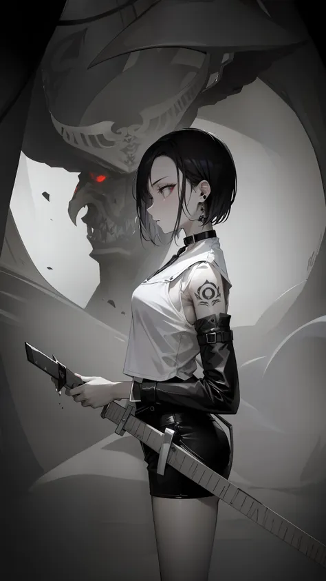 a girl holds a knife，the girl's side，with a collar around the neck，the background is a monster,  mostly greyscale, the demons，wi...