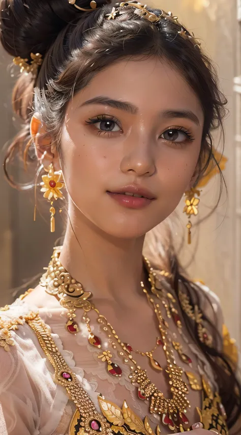 realistic, authentic, masterpiece, beautiful and amazing , burmese traditional costume, beautiful 22 yo girl, detail face,((( hy...