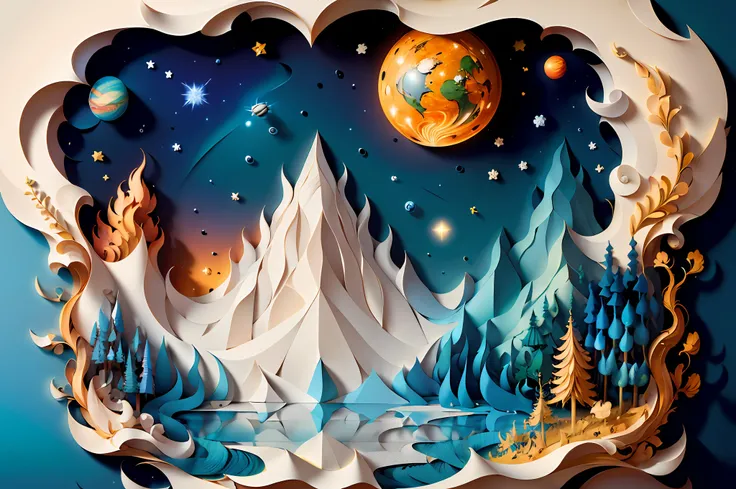 (((masterpiece))),best quality, illustration, earth, water ,fire, wind , space  , paper_cut,