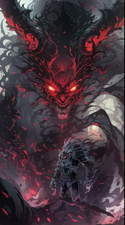 the gates of hell are open, 火焰, huge black-scaled youkai, grasp the gates of hell with both hands, he opened the basin of blood，...