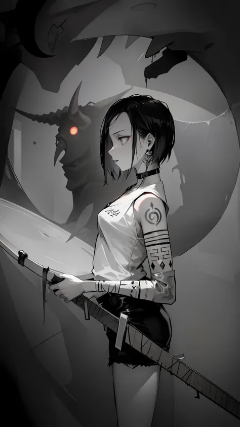 a girl holds a knife，the girl's side，with a collar around the neck，the background is a monster,  mostly greyscale, the demons，wi...