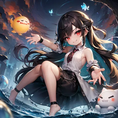 ((masterpiece、top-quality))、(Complex lighting)、morning、suns、sea bathing、(((Lots of glowing bubbles flutter、Splash paint)))、Small Devil、独奏、full body Esbian、1girl in、red eyes、Long Black Hair、tanktop shirt、shortpants、absurderes, Grayscale BreakGuess Gaze、(ev...