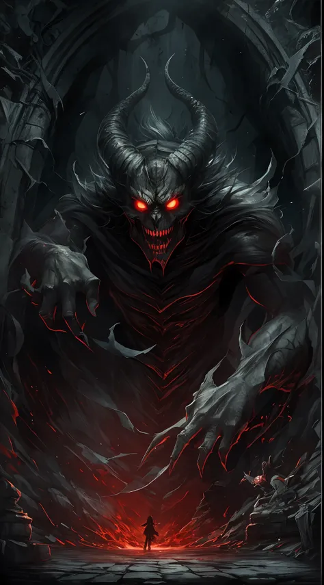 the gates of hell are open, 火焰, huge black-scaled youkai, grasp the gates of hell with both hands, he opened the basin of blood，...