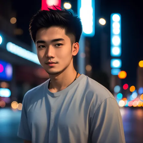 raw photo, a portrait photo of 25 y.o man in casual clothes, night, city street, (high detailed skin:1.2), 8k uhd, dslr, soft li...