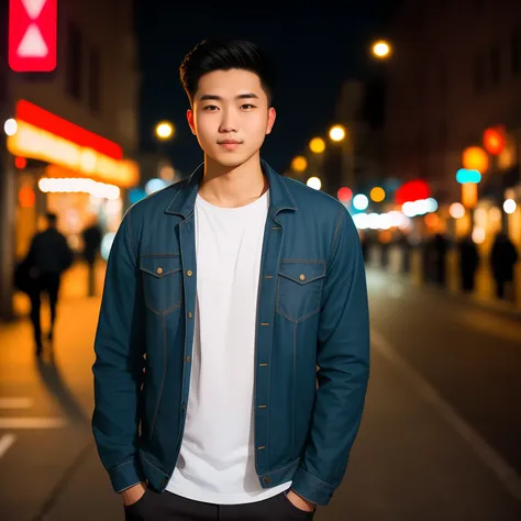 raw photo, a portrait photo of 25 y.o man in casual clothes, night, city street, (high detailed skin:1.2), 8k uhd, dslr, soft li...