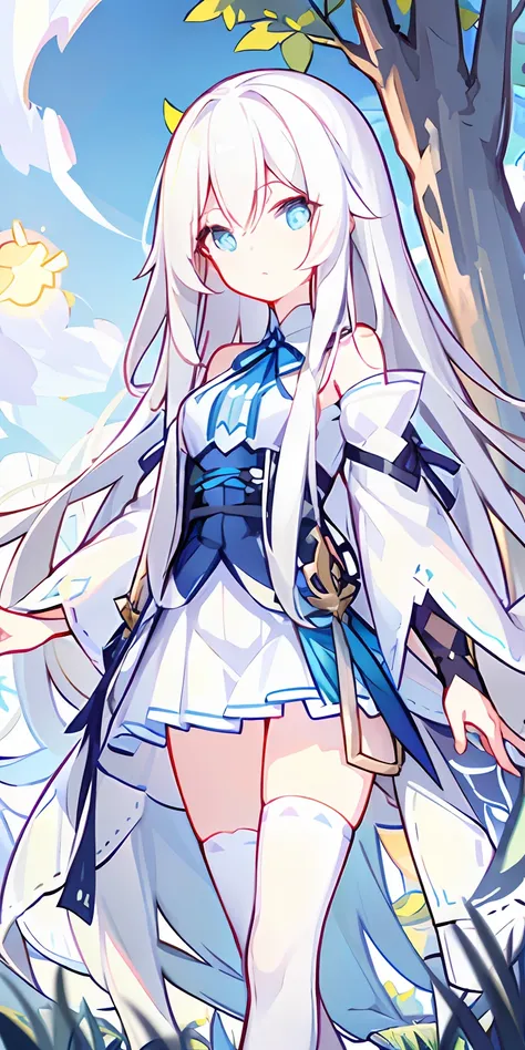 long white hair,grassy fields,The tree,clouds,suns,Blue pupil,white skirt,white stockings