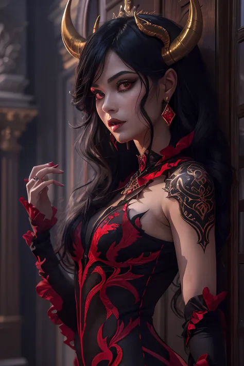 epic good looking succubus wearing a red and black dress, offering a gold and red diamond ring in hand (intense details, masterp...