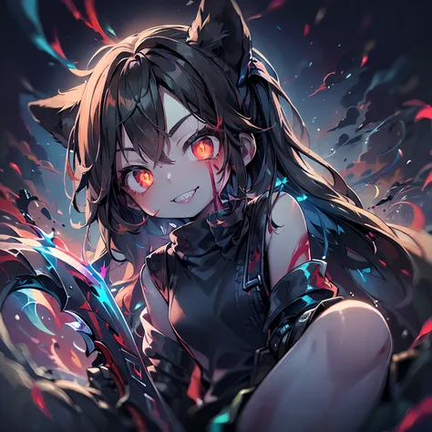 ((masterpiece、top-quality))、(Complex lighting)、(((The person has a Grim Reaper scythe)))、(((Lots of glowing red bubbles flutter、Blood Splash Paint)))、Small Devil、独奏、1girl in、Long Black Hair、tanktop shirt、Jeans shorts、((hand gloves))、absurderes, Grayscale ...