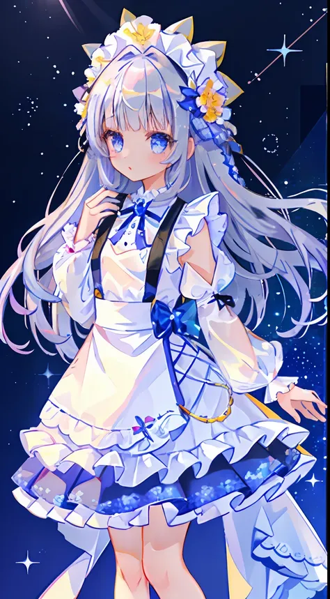 skirt by the、one girl、apron dresses、frilld、ribbon on the back、silber hair、long、blue eyess、glitter、kirakira、beautidful eyes、beaut...