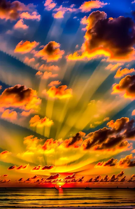An absolutely mesmerizing sunset on the beach, with a mix of orange, pink, and yellow in the sky. The water is crystal clear, gently kisses the coast, and the white sand is endless. The scene is dynamic and breathtaking, with seagulls soaring high in the s...