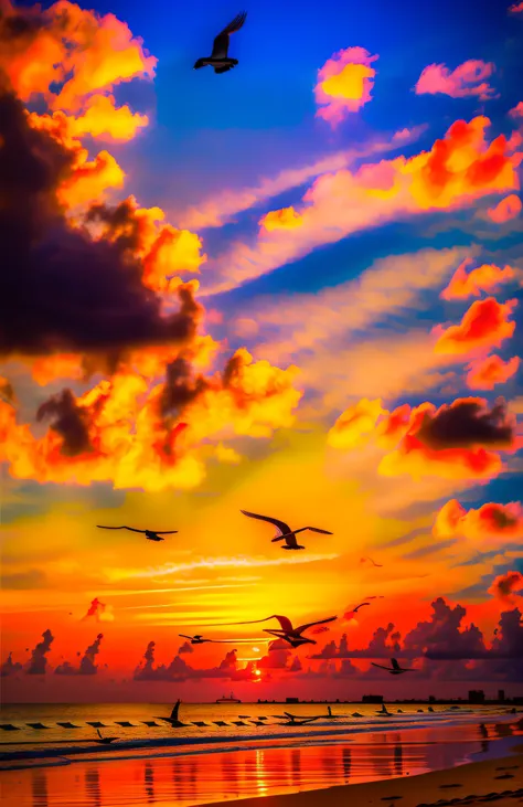 An absolutely mesmerizing sunset on the beach, with a mix of orange, pink, and yellow in the sky. The water is crystal clear, gently kisses the coast, and the white sand is endless. The scene is dynamic and breathtaking, with seagulls soaring high in the s...
