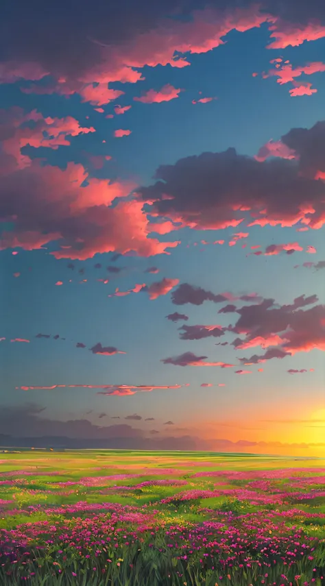 Dusk sunset, meadow, golden red, flying blades of grass, beautiful glare,