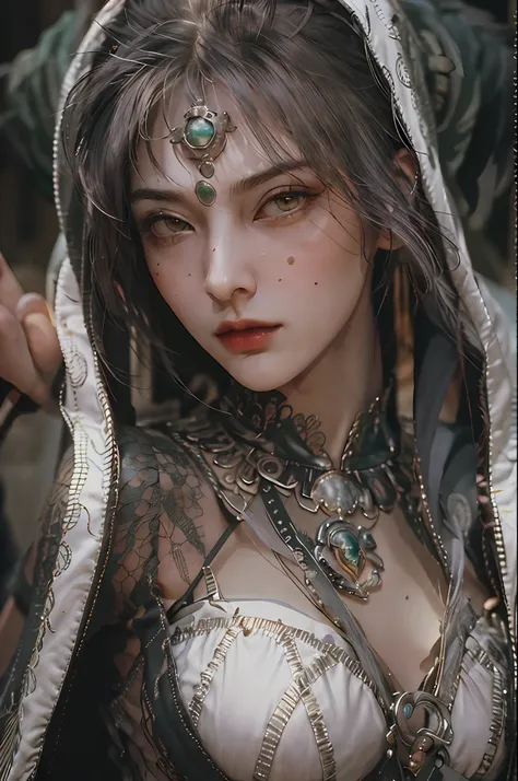 masterpiece, highest quality, raw, analog style, a stunning portrait of a beautiful woman, morrigan, breast, wearing a mage robe...