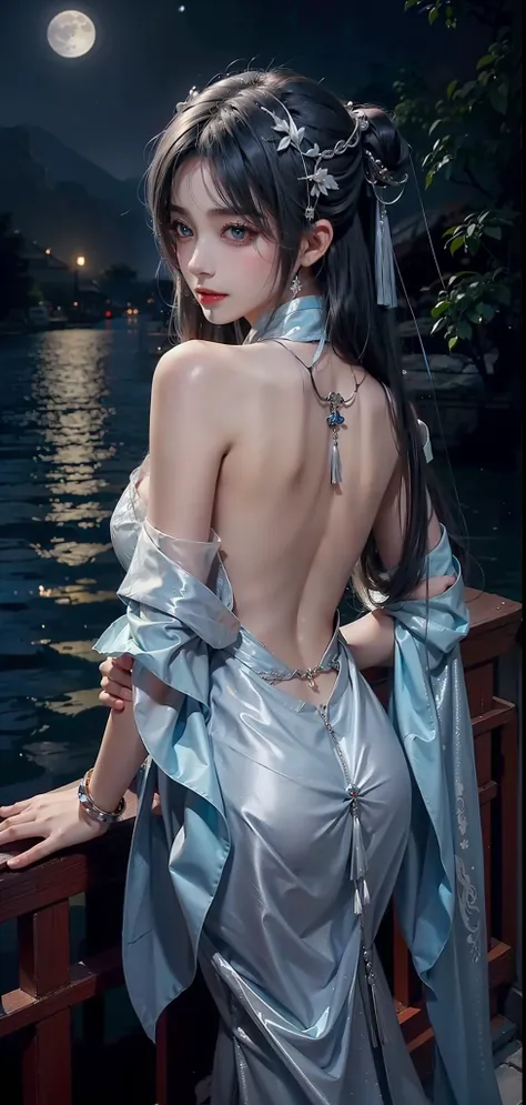 beautiful  girl，bare back，back lighting，there is a chinese dragon tattoo on the back，silver bracelet，long hair shawl，river side，...