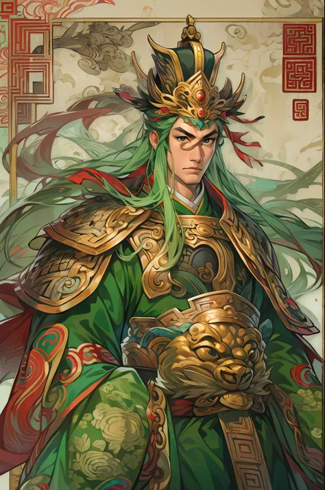 card design，1male people，three kingdoms killing style:1.2，ancient chinese background，a meticulous face，clear face，full body like...