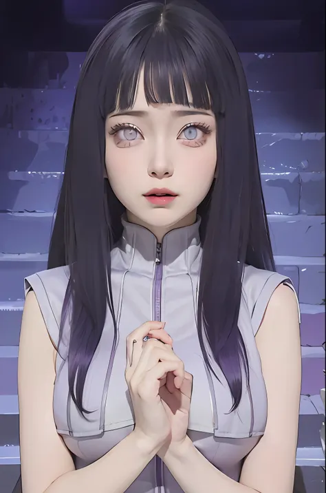 1girl, hyuga hinata, purple hair, white eyes, long hair, purple clothes, big breasts, realistic, ultra detail, indoor background