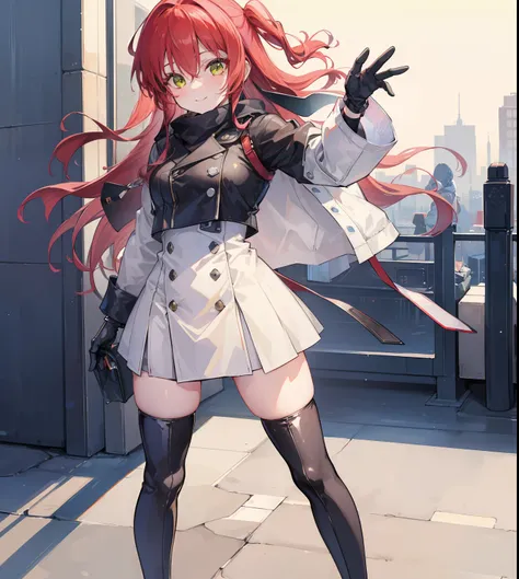 masterpiece, best quality, 8k uhd, smiling, kita, kita ikuyo, thigh high boots, full body, leather gloves, winter clothes, stockings, high quality hand, 5 fingers