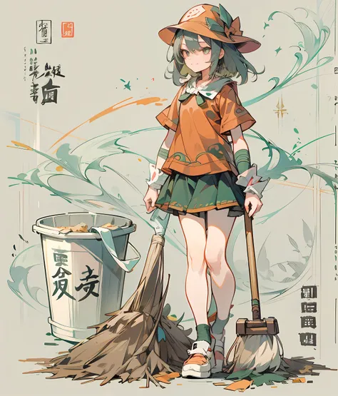 a girl is using a broom and sweeping away some "unhappy."，vex，trabalhado，hardship，frustration "" and other chinese characters，ne...