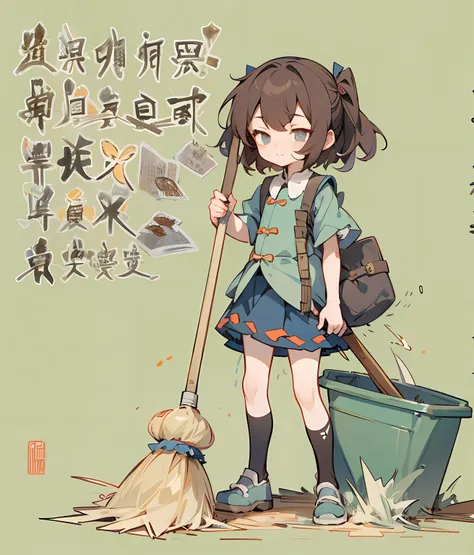 a girl is using a broom and sweeping away some "unhappy."，vex，trabalhado，hardship，frustration "" and other chinese characters，ne...