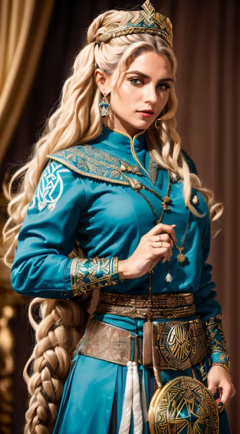 ((Gytha from the series "VIQUINGUES: Valhalla de 2022")), (inspirada em Henessi Schmidt:1.2), (Traje viking:1.2), tendo como pano de fundo uma noite escura, uma fogueira ao fundo, Auto retrato de corpo inteiro frontal, posing for camera, lowangle, 24 mm, (...