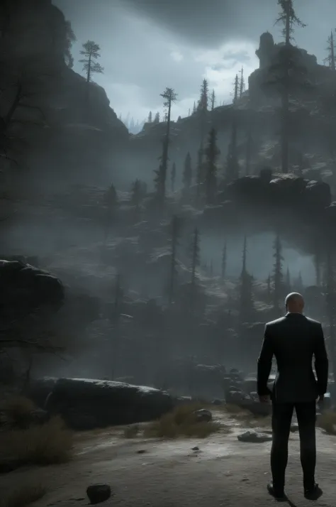 Agent 47 in a ((black suit)) and ((round shades)) stands at the gates of Skyrim, 8k ultra-realistic, high-definition, wallpaper, dramatic, sharp, cinematic, blockbuster movie