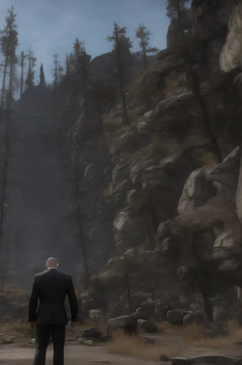 Agent 47 in a ((black suit)) and ((round shades)) stands at the gates of Skyrim, 8k ultra-realistic, high-definition, wallpaper, dramatic, sharp, cinematic, blockbuster movie