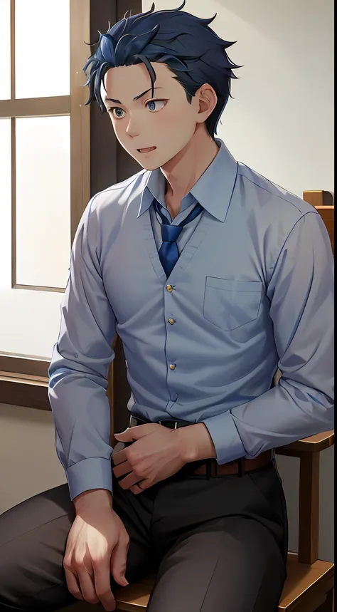 (1 Adult male),A high resolution, Sharp focus, Pixiv masterpiece, ((Complicated details)), highly detailed, natsuki_subaru, 1 man, with her mouth open,full bodyesbian,sit astride, blue colored eyes(eyes glowing), blue short hair,white shirt,Wear a tie,We...