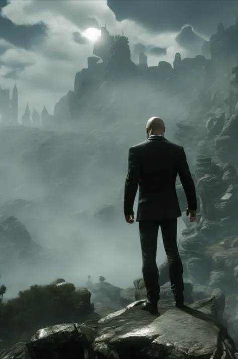 Agent 47 in a ((black suit)) and ((round shades)) in Skyrim, 8k ultra-realistic, high-definition wallpaper, dramatic, sharp, cinematic, new movie by Christopher Nolan
