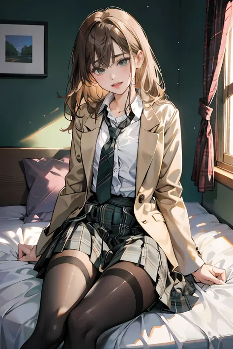 anties pulled aside fuck、2girl、hi-school girl、sleeping in bed、brownish hair、校服、(brown blazer)、ribbon ties、(green and gray plaid ...