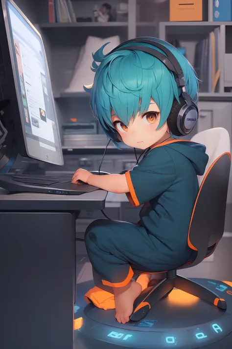 cute little boy with royal blue hair and orange eyes sitting at his desk playing video games wearing a pajama onesie, gaming, we...