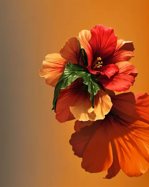 hibiscus flower blooming on a gnarled branch against a grey background, simple background, in the style of light orange and light beige, minimalist images, photography installations, paleocore, green and crimson, hyper-realistic, poetic intimacy