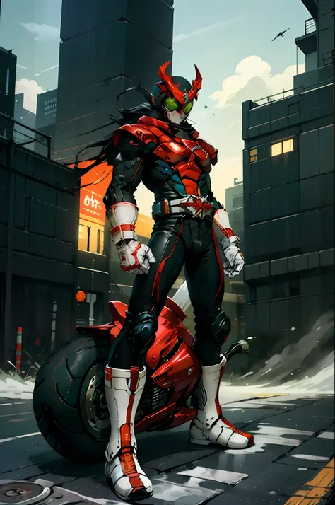 kamen rider stronger ,(((motorcycle:1.4))), (in new york city:1.4),(raw photo, best quality),
red and white boots, gloves,realis...