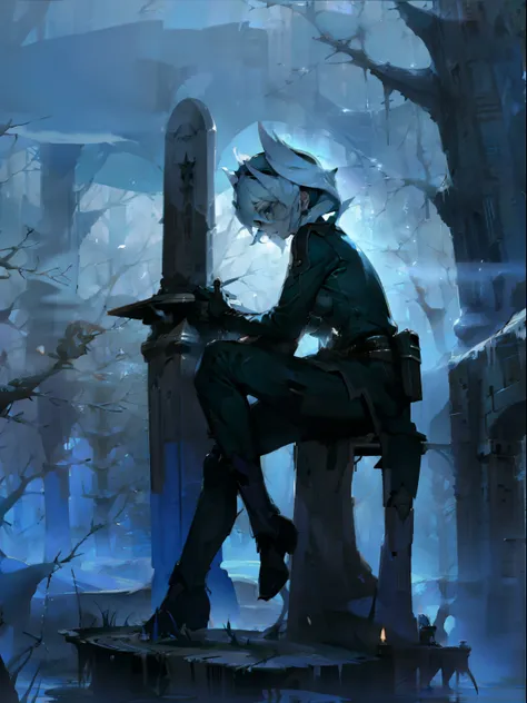 sitting on bench, night, 1girl, sword in hand