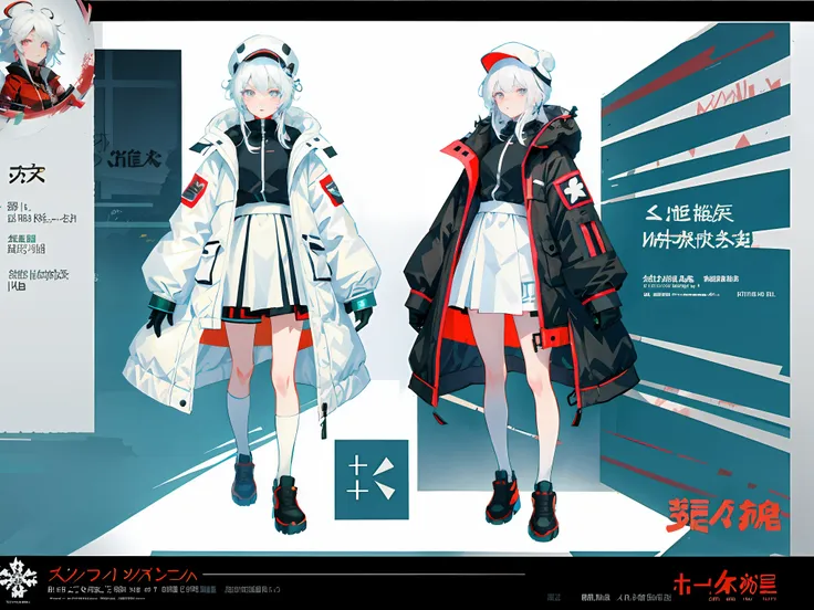 highr， snowman padded jacket，white color hair，white eyes，standing on your feet，assault rifle，chinese girl design，genshin detaile...